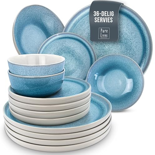 Steingut Geschirrset 12 Personen Ibiza 36 tlg. TESTSIEGER, Traumhaftes Mediterranes Steingut Geschirr Set, Schüssel- und Teller Set, Tafelservice 12 Personen, Geschirrsets Pure Living in Blau