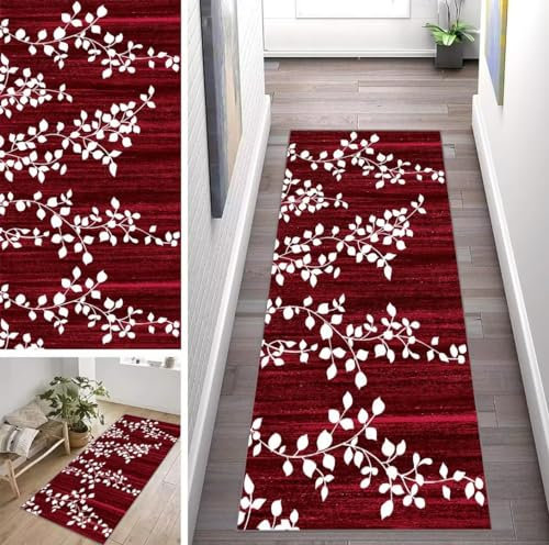 ZUZEKU Rot Teppich Läufer Lang Flur Küche rutschfest Waschbar Modern Teppichmattent 50X140cm Blattmuster Küchenläufer Küchenteppich Meterware Esszimmer Schlafzimmer Wohnzimmer Schmutzfangmatte