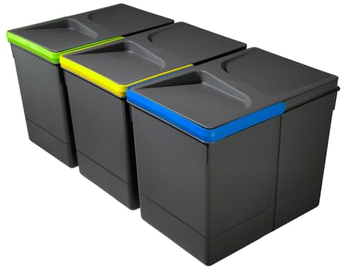 WUITOKI Contenitori raccolta differenziata, 3x15l, pattumiera da cassetto, antracite, salvaspazio da interno, cestini cucina