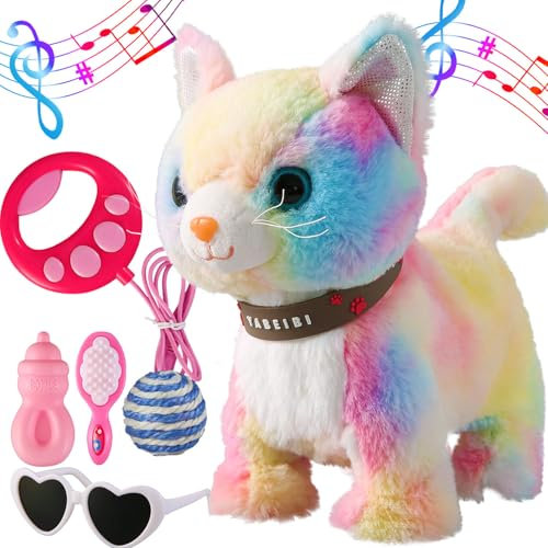 Marsjoy Colorful Leash Walking Cat Set Singing That Purrs and Meows Animated Plush Robot Kitten Moving Plush Realistic Stuffed Animal Remote Control Cute Kawai Robotic Kitty Toy for Girl