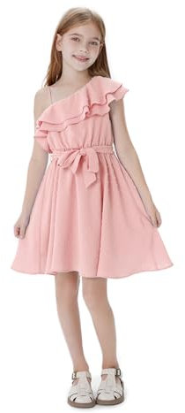 PATPAT Mädchen Eine-Schulter Kleid - Festliches Blumenmädchenkleid für Hochzeit, Fotoshooting und Urlaub - A-Linien Prinzessin Sommerkleid mit verstellbarem Gürtel und Schöne Asymmetrischen Ärmel