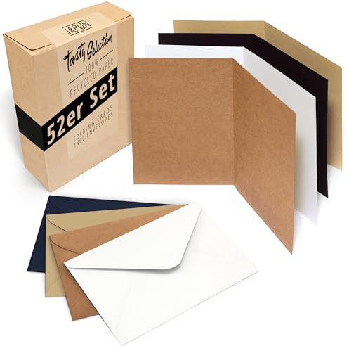 Japun - Set di 52 biglietti pieghevoli vuoti comprese buste, carte pieghevoli da progettare, etichettare o stampare - DIN A6 / C6 - mix di carta kraft