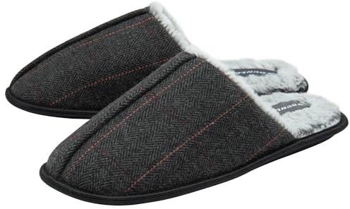 DUNLOP Mens Slippers Slip On Herringbone Mules Faux Fur Lined Memory Foam Plush House Slippers Breathable Indoor Outdoor Shoes