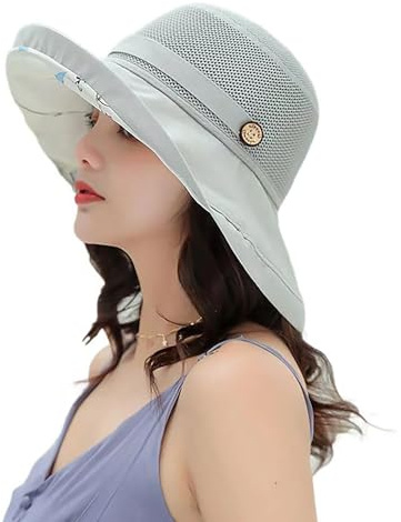 KorhLeoh Chapeau de soleil en maille pour femme avec protection UV à large bord, chapeau de plage d'été avec mentonnière, gris, Taille unique