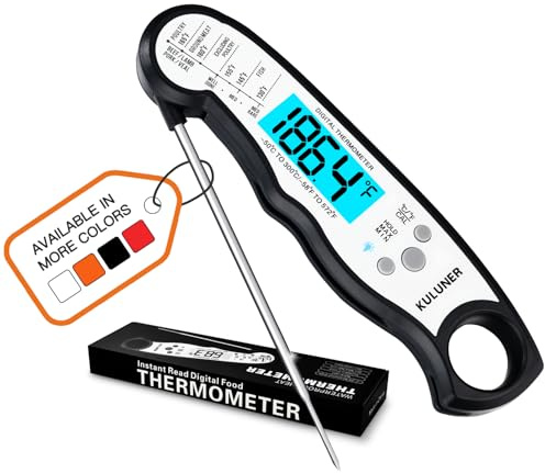 KULUNER TP-01 Waterproof Digital Instant Read Meat Thermometer with 4.6 Folding Probe Backlight Calibration Function for Cooking Food Candy, BBQ Grill, Liquids,Beef(White)