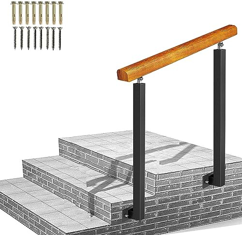 Main courante d'escalier d'extérieur réglable pour 1 ou 2 marches en bois avec balustrade en fer forgé angle de 270 ° - Kit complet (hauteur 95 cm, hauteur 110 cm)