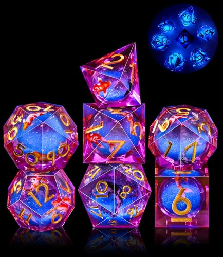 SIQUK 7 Stück Liquid Core Würfel Koi Fisch DND Würfel Spielwürfel Leuchten im Dunkeln Polyedrische Würfel Set D4 D6 D8 D10 D12 D20 D% für DND RPG MTG
