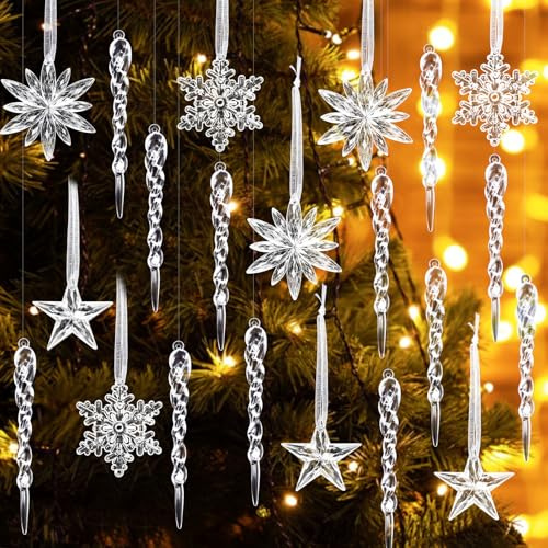 MELLIEX 21 Piezas Adornos Navidad de Carámbano Copo de Nieve, Decoración de Árboles Navideña de Cristal Acrílico Transparente para Navidad Invierno Fiesta Decoración
