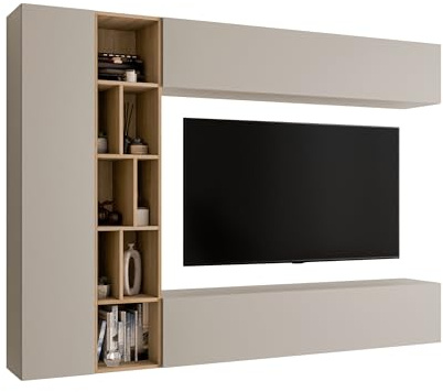Mirjan24 Wohnwand Kodita, Anbauwand, Fernsehschrank, Schrankwand, Mediawand, Wandregal, Schrank, TV-Lowboard (Cashmere/Eiche Cremona)