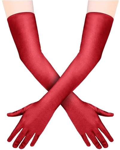 Quelcc Rot Handschuhe, Lange Handschuhe Damen, Abendhandschuhe Lang Opernhandschuhe 1920s Style, Satin Abendhandschuhe für Classic Opera Party HalloweenKarneval Kostüm…