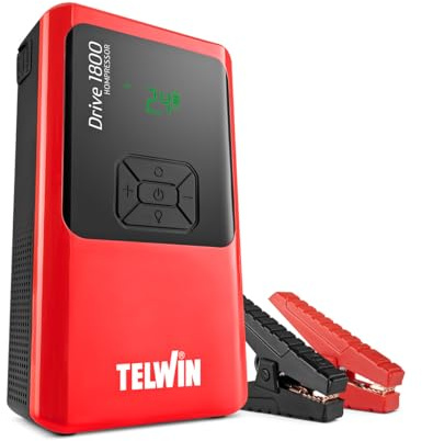Telwin Drive 1800 Kompressor Avviatore Booster Multifunzione 12V Portatile e Ultracompatto per Auto Moto Barche con Compressore Integrato, Powerbank e Luce Led, 1800A start max