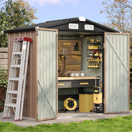 Aoxun 6.2x4 FT Shed Outdoor Storage Shed with Lockable Doors & Slooping Roof Metal Garden Tool Shed for Backyard, Patio, Poolside (Brown)