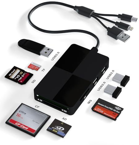 Memory Stick pro Duo Adapter Reader - 8 in 1 SD/TF/MS/CF/XD Card Reader with 3 USB 2.0 Ports for iPhone/Computer/USB-C Device, Built-in 3-in-1 Connector (Lightning, USB-C and USB-A), No App Required