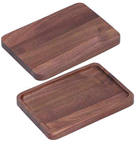 Althwuyu 2pcs Plateaux en Bois en Noyer Ensemble, Assiettes de Service rectangulaires, Finition de Texture au Grain, pour Le thé, Les collations, Le Dessert, Les Fruits,