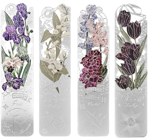 Bokmärken i metall, 4-pack, silverfärgade blomdesignade sidmarkörer, presentidé för bokälskare, lärare och studenter