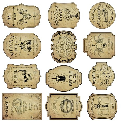 12 Halloween Weinflasche Dekoration Aufkleber Horror Party Supplies mit Spinnen Schädel Drachen Designs Halloween Bierflasche Aufkleber