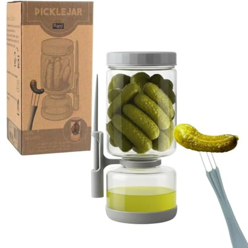 Ranji - Bote para Aceitunas y Encurtidos con Escurridor 1300ml – Tarro de Cristal Reversible con Tenedor Incluido – Hermético, sin BPA, Fácil de Limpiar – Ideal para Regalo