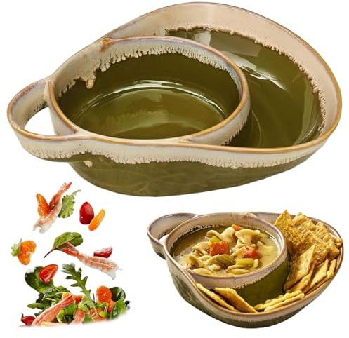 Comebachome Soup and Sandwich Plate Combo Ceramic Soup and Sandwich Plate with Handle Retro Stoneware Bowls & Side Bowls Easy to Clean for Breakfast Army Green, Decor