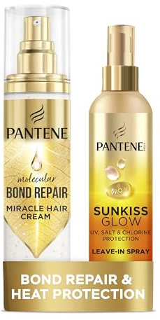 Pantene DUO: Sunkiss Glow Heat Protection, UVA/UVB protection Hair Spray 200ml AND Molecular Bond Repair Leave In treatment Cream 90ml for damaged hair. Nourish, Strenghten Hair, Repairs Split Ends.