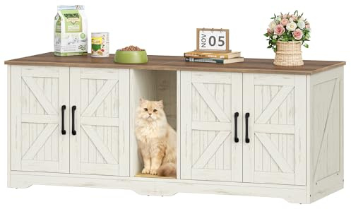 Fobyfurny Kattlåda med Skärm för 2 katter, Möbel med Dold Kattlåda, Trähus för Katter med Sidobord och Klösmatta, Inomhushus för Katter till Vardagsrummet, 140 x 50 x 55 cm, Brun och Vit, FPCB103PWR1