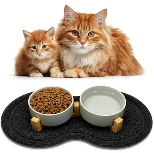 Hundenapf Keramik,400ML Katzennapf Hundenapf Doppel,mit Bambus Ständer und Rutschfester Matte,Futterschüssel Wassernapf,Erhöhter Futternapf Set,Keramik Futternapf für Kleine Mittlere Katzen Hunde
