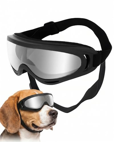AEUXZA Hundebrille UV-Schutz, Winddichte Hundesonnenbrille für Mittelgroße Große Hunde mit Verstellbaren Riemen, Silberne Gläser Schutzbrille zum Autofahren Outdoor Wandern