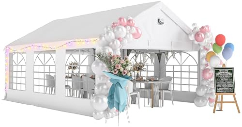 Outsunny Carpa para Fiesta 4x6 m con Luces LED, Carpa de Jardín con Estructura Acero Galvanizado, Paredes Laterales Extraíbles, 2 Puertas con Cremallera, Ventanas, UPF30+, Gazabo para Eventos, Blanco