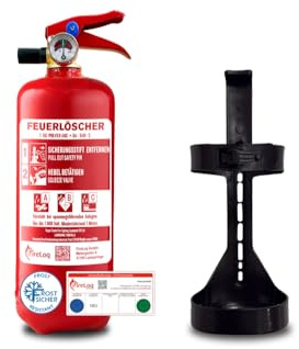 FireLoq 1kg Pulver Feuerlöscher für Brandklasse ABC mit 8A | 34B | C ergibt 2 LE Dauerdruck inkl. Prüfnachweis, KFZ-Halter und Manometer