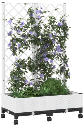 vidaXL Trädgårdslåda med staket och hjul, vit, 80 x 40 x 131,5 cm, PP