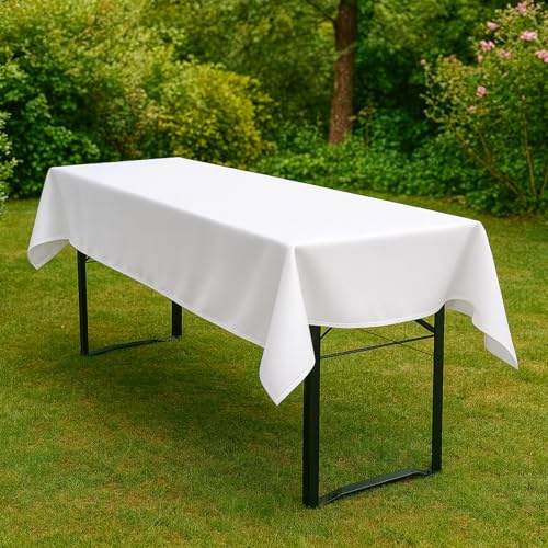 Hans-Textil-Shop Biertisch Tischdecke 120x270 cm Weiß – Baumwolle Uni, Tischtuch pflegeleicht, Kochfest 95°, bügelfest, handgenäht Made in EU für Biertische
