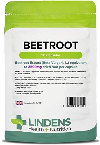 Lindens - Beetroot 7000mg Per Serving - 50 Capsules - UK Manufacturer - Beta Vugaris L, Concentrated Extract - Source of Dietary Nitrates, Popular with Runners & Cyclists - Letterbox Friendly - Vegan