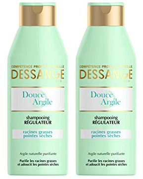 DESSANGE - Shampoing Régulateur Douce Argile - Formule Enrichie En Argile Purifiante - Purifie Les Racines & Adoucit Les Pointes - Pour Racines Grasses, Pointes Sèches - 2 x 250 ml