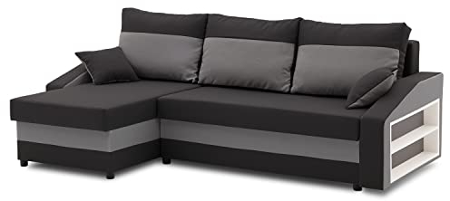 Sofini Ecksofa Hewlet mit Regal und Schlaffunktion! Best ECKSOFA! Eckcouch mit Bettkasten! (Haiti 17+ Haiti 14- Regal rechts)