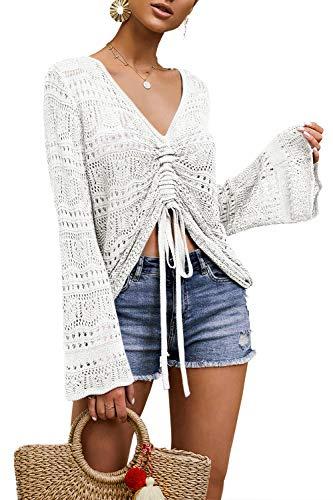 Saodimallsu Damen Oberteile Flowy Oversized Langarm Frühling Sommer Strickpullover V-Ausschnitt Crochet Sexy Pullover Weiß