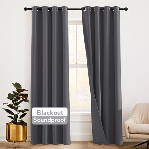 RYB HOME Soundproof Curtains 84 inches - 3 Layers Blackout Curtains Noise Cancelling Thermal Insulted Drapes for Door Window Living Room Nursery Divider Drapes, W 52 x L 84 inch, Gray, 1 Pair