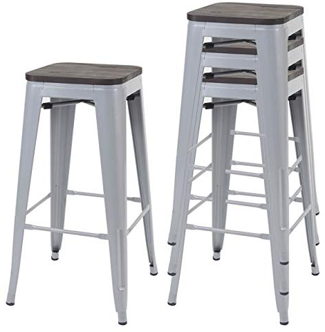 Mendler 4er-Set Barhocker HWC-A73 inkl. Holz-Sitzfläche Metall - grau | Barstuhl, Tresenhocker, Industriedesign, stapelbar