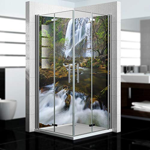 dedeco Eck-Duschrückwand wasserfest mit Wasserfall V3 Motiv UV-Lack glänzend - 2 x 90x200 cm, als Badrückwand zum Fliesenersatz, Dekorwand, Wandverkleidung, Duschplatte aus Aluminium - Made in Germany