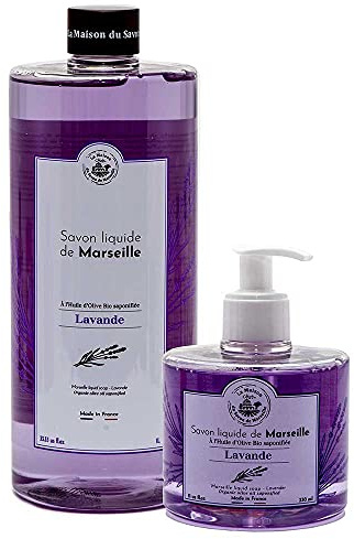 Savon de Marseille – Französische Flüssigseife aus Bio-Olivenöl – Lavendel Handwäsche 1 Liter und 330 ml Pumpflasche Spender Paar