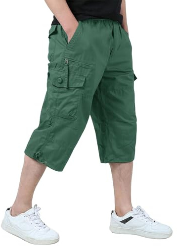 KEFITEVD 3/4 byxor herr, cargo shorts herr, Bermuda shorts flera fickor sommar, korta byxor bomull, arbetsbyxor elastiskt midjeband ledig, Ljusgrön, 36 SE