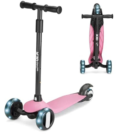 XJD 3 Wheel Kids Scooter Age 2-8 Toddler Scooters 4 Levels Height Adjustable Handle Wide Deck Kick Easy Foldable Design Scooter with PU Flashing Wheels for Boys Girls Children (Pink)