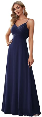 Ever-Pretty Vestido de Gala sin Hombros A-línea sin Mangas Plisado sin Elasticidad Corte Imperio Escote en V Largo para Mujer Elegantes Azul Marino 46