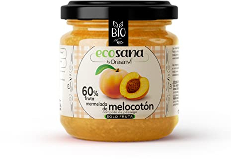 Mermelada de Melocoton BIO Ecosana Drasanvi en 255g Natural Sin Gluten | Extra de Melocoton sin Azucar Anadido, Certificada BIO, Alto Contenido en Fruta, Ideal para el Desayuno, Vegana Diariamente