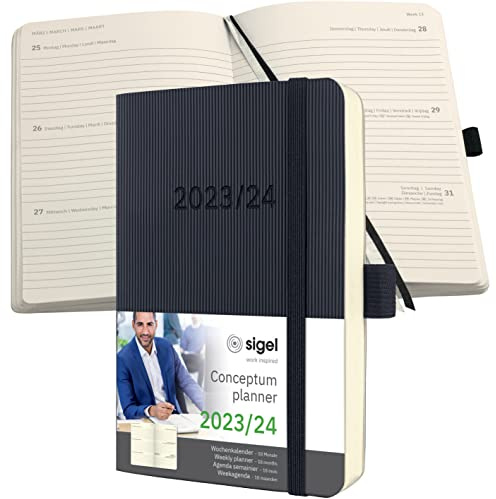 SIGEL C2407 Terminplaner Wochenkalender 2023/2024, ca. A6, schwarz, Softcover, 240 Seiten, Gummiband, Stiftschlaufe, Archivtasche, PEFC-zertifiziert, 18-Monatskalender, Conceptum