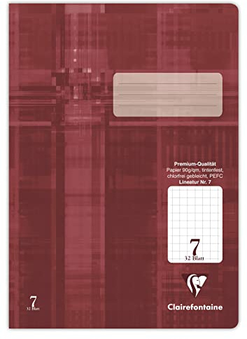 Clairefontaine 331607C - Packung mit 25 Heften, ideal für die Schule, DIN A4, Lineatur 7 kariert 7x7mm, 32 Blatt, 90g, Bordeaux, 1 Pack