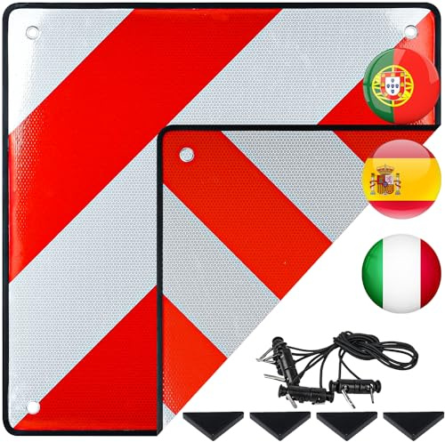 JOYCEMALL 3 in 1 Reflektierende Warntafel für Italien, Spanien, Portugal - Aluminium Rot Weiß Warnschild mit 4X Spannseile für Fahrradträger Heckanhänger Wohnmobil Auto Anhänge (50×50 cm)