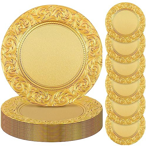 Uiifan 24 Pcs Antique Floral Gold Plastic Dinner Chargers (13 Inch, Round, Reusable, Wedding, Dishwasher Safe)