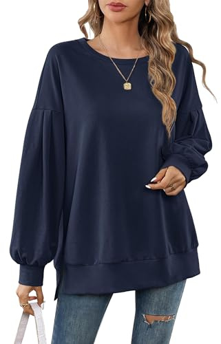Beluring långärmad damtröja casual rund hals tröjor lös slits toppar, Stil A: marinblå, XXL