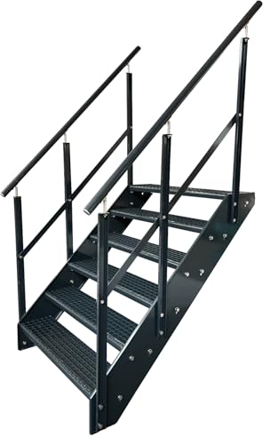 Kaminbau Mierzwa Premium Stahl Treppe mit Beidseitigem Geländer in komplett Anthrazit RAL 7016/6 Stufen (Breite 1000 mm) (Höhe 114 cm) Wetterfest Gitterroststufe Gartentreppe