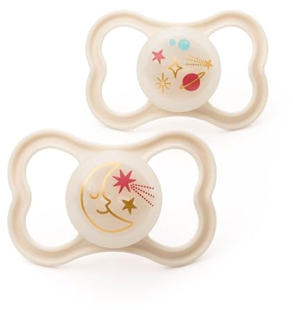 MAM Latex Glow-in-the-Dark Dummies, 6-18m, 2 Pack, Orthodontic Design | Comes in Dummy Steriliser Box, Sustainable Materials, Baby Accessories for Newborn, Blue/Grey (Designs Vary)