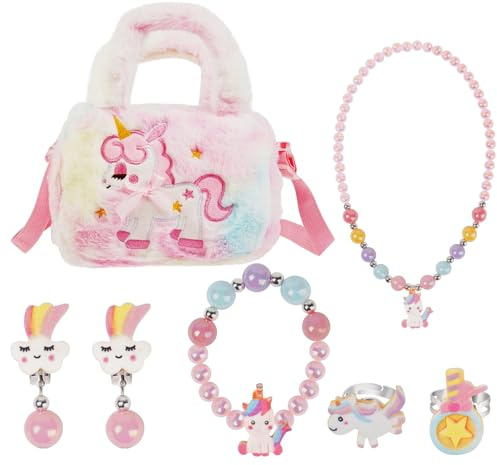 OSDUE Sac Licorne Jouet Bijoux Enfants Fille, Bijoux Enfants Petites Filles Sacs à Main en Peluche Collier Bracelet Boucles d'oreilles Bagues kit Bijoux, Cadeau Fille 2 3 4 5 6 7 Ans